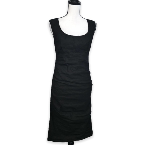 Eileen Fisher Italian Cotton Ruched Sheath Dress Size 4 Black Stretch Cocktail - Picture 2 of 8